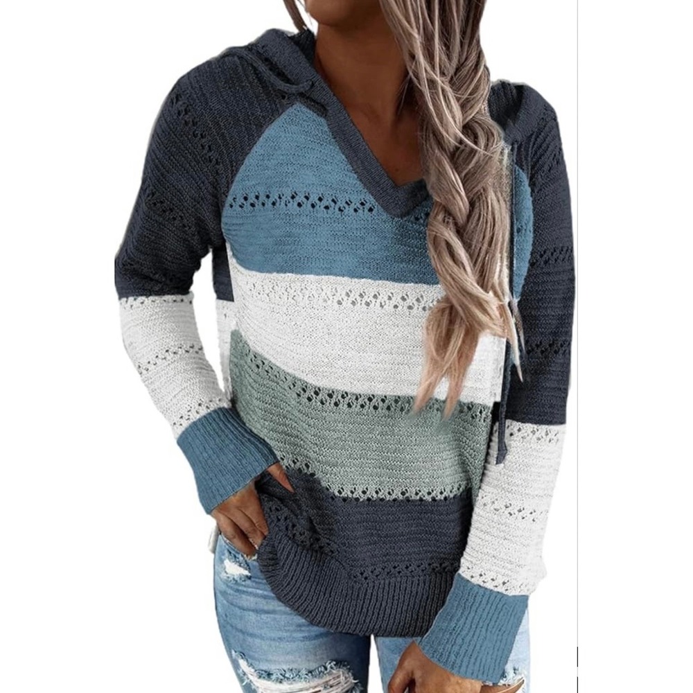 Womens Colorblock Knit Hoodie V-Neck. Long Sleeve Striped Sweater Navy Blue